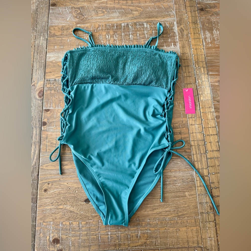 NEW Women’s Teal One-Piece Swimsuit with Side Ties, Size Large